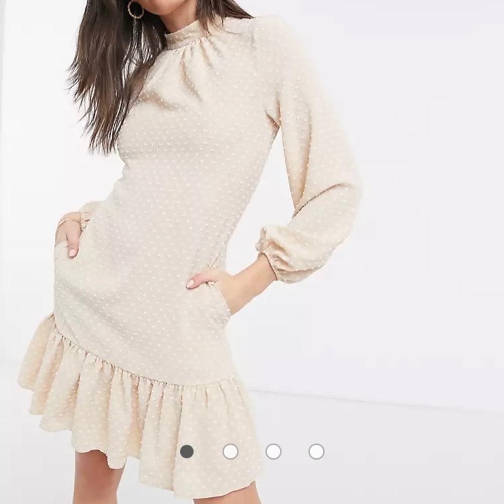 Closet London high neck volume sleeve mini dress with frill hem in cream